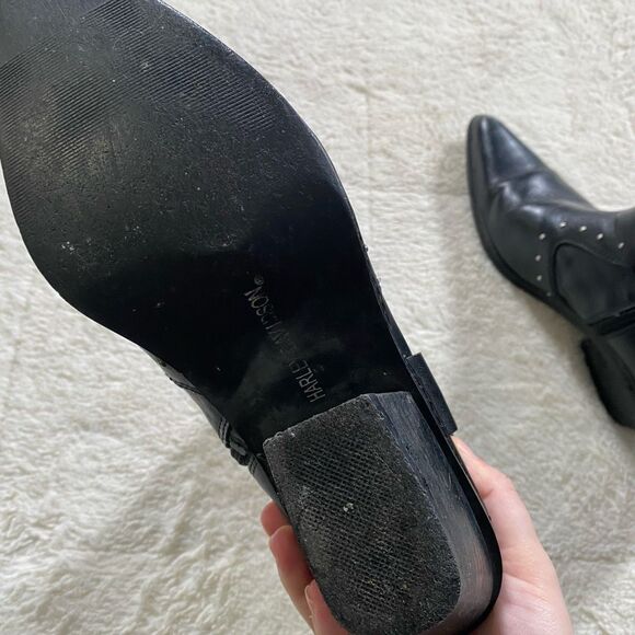 Vintage Y2K Harley Davidson Black Leather Studded Pointed Ankle Boots - Picture 7 of 8